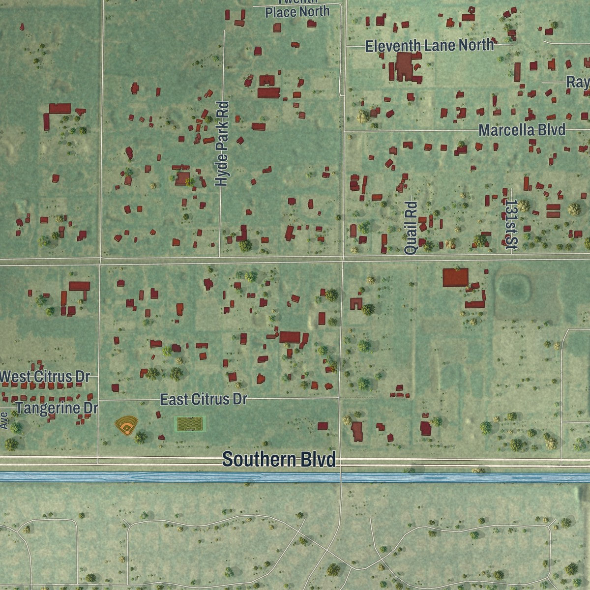 Close-up 1 of the Loxahatchee Groves, Florida map artwork