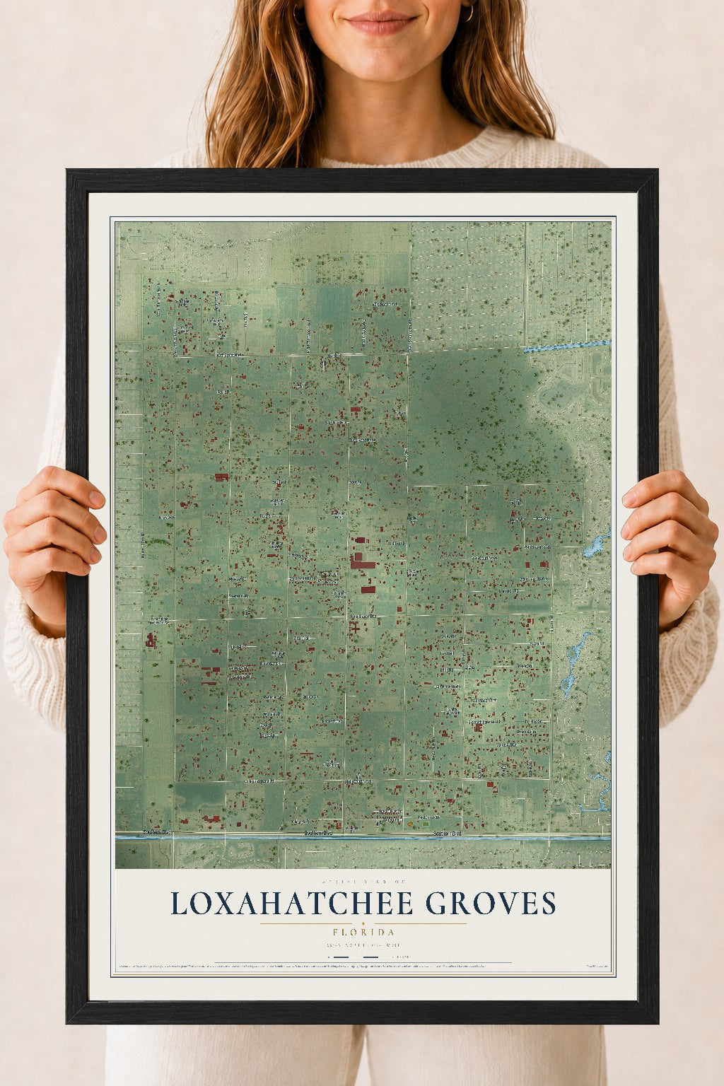 Loxahatchee Groves, Florida map print, 18" x 24" W/ Black Ayous Wood Frame mockup