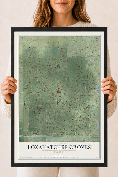 Loxahatchee Groves, Florida map print, 18" x 24" W/ Black Ayous Wood Frame mockup