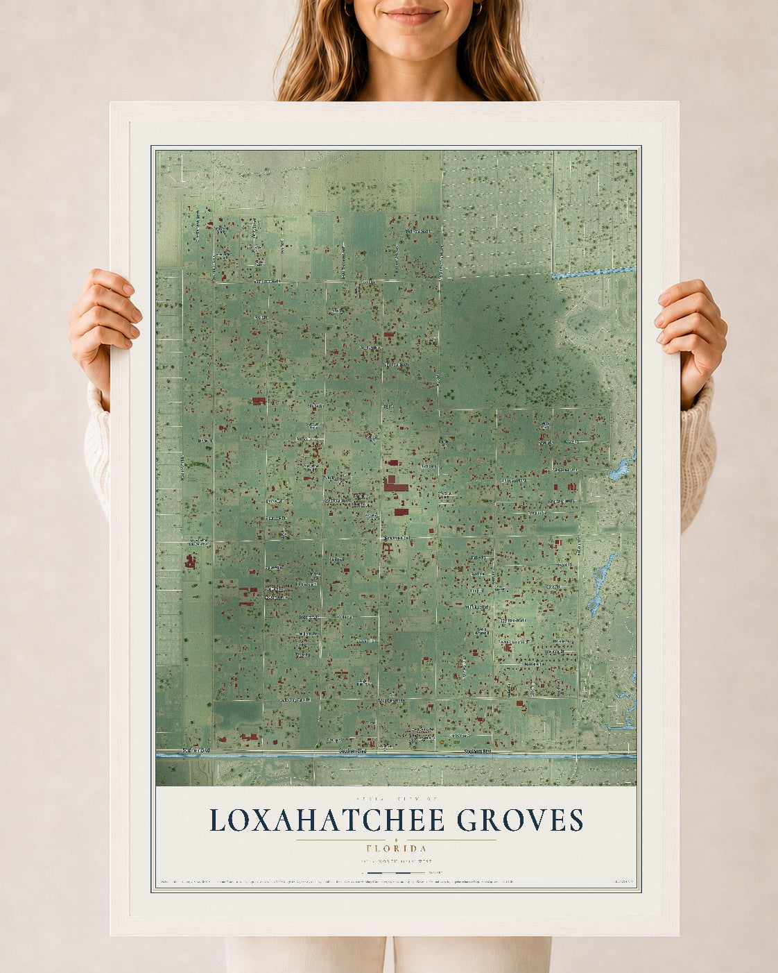 Loxahatchee Groves, Florida map print, 24" x 36" W/ White Ayous Wood Frame mockup
