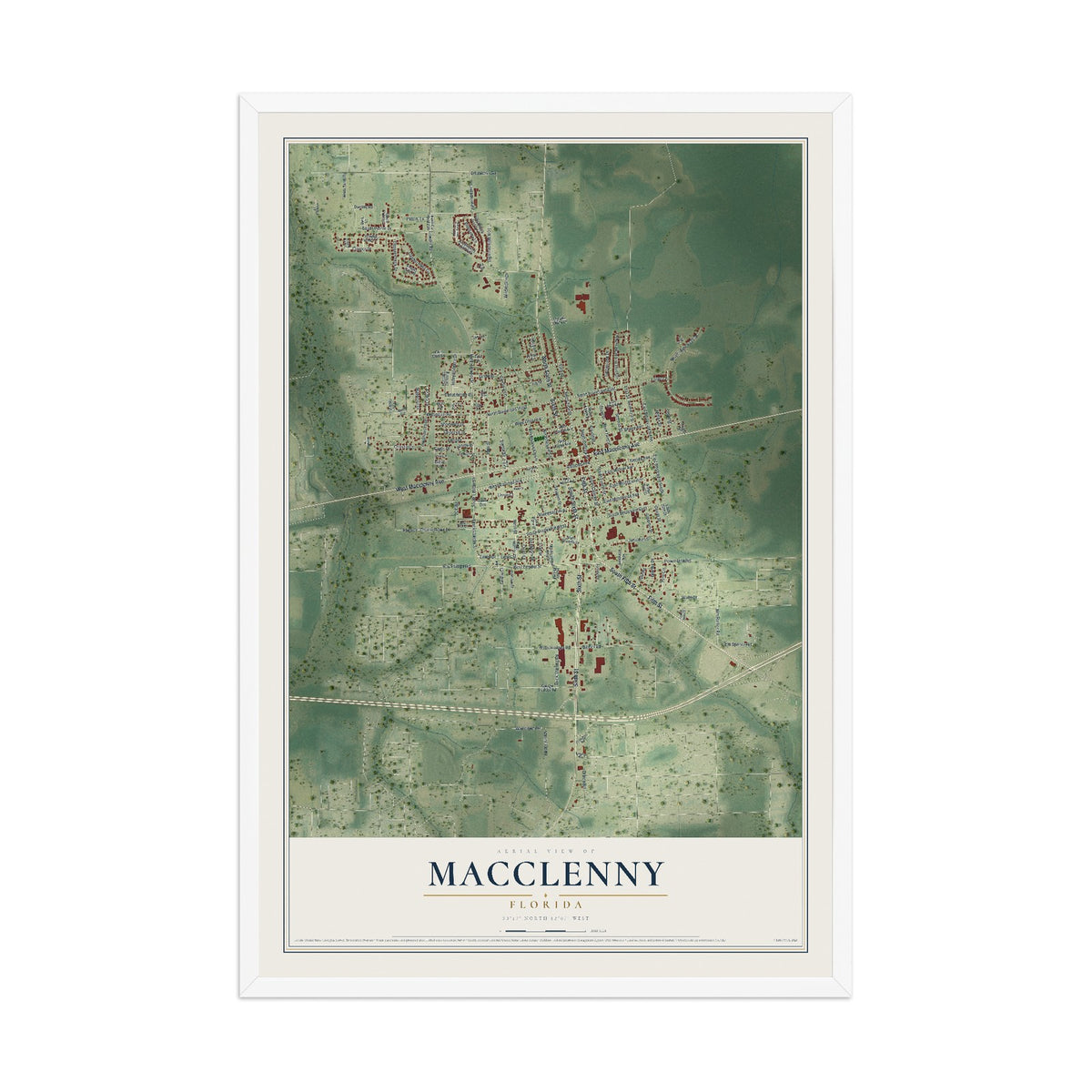 Macclenny, Florida map print, 12" x 18" W/ White Ayous Wood Frame mockup