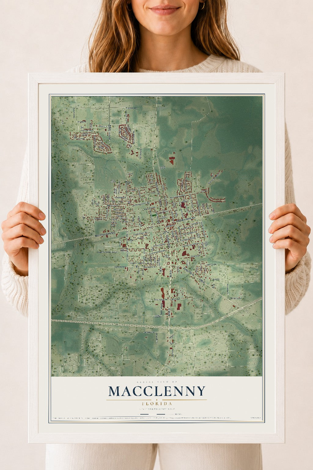 Macclenny, Florida map print, 18" x 24" W/ White Ayous Wood Frame mockup