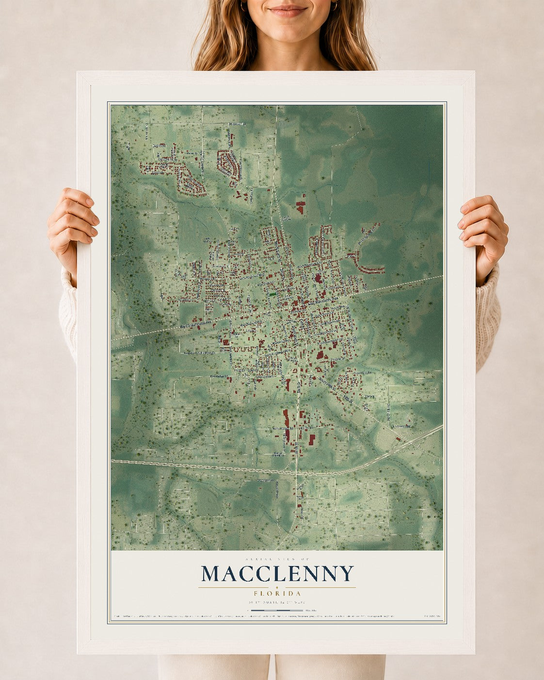 Macclenny, Florida map print, 24" x 36" W/ White Ayous Wood Frame mockup