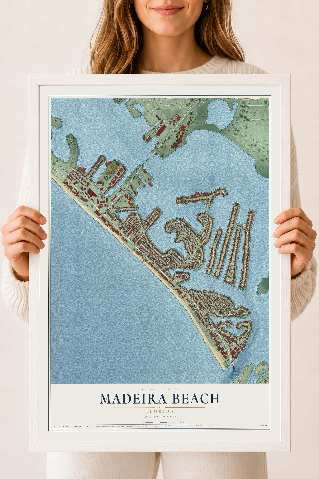 Madeira Beach, Florida map print, 18" x 24" W/ White Ayous Wood Frame mockup