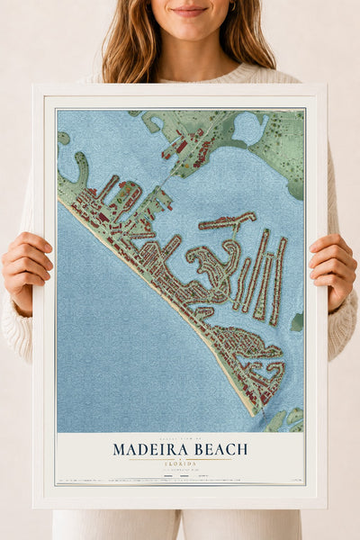 Madeira Beach, Florida map print, 18" x 24" W/ White Ayous Wood Frame mockup