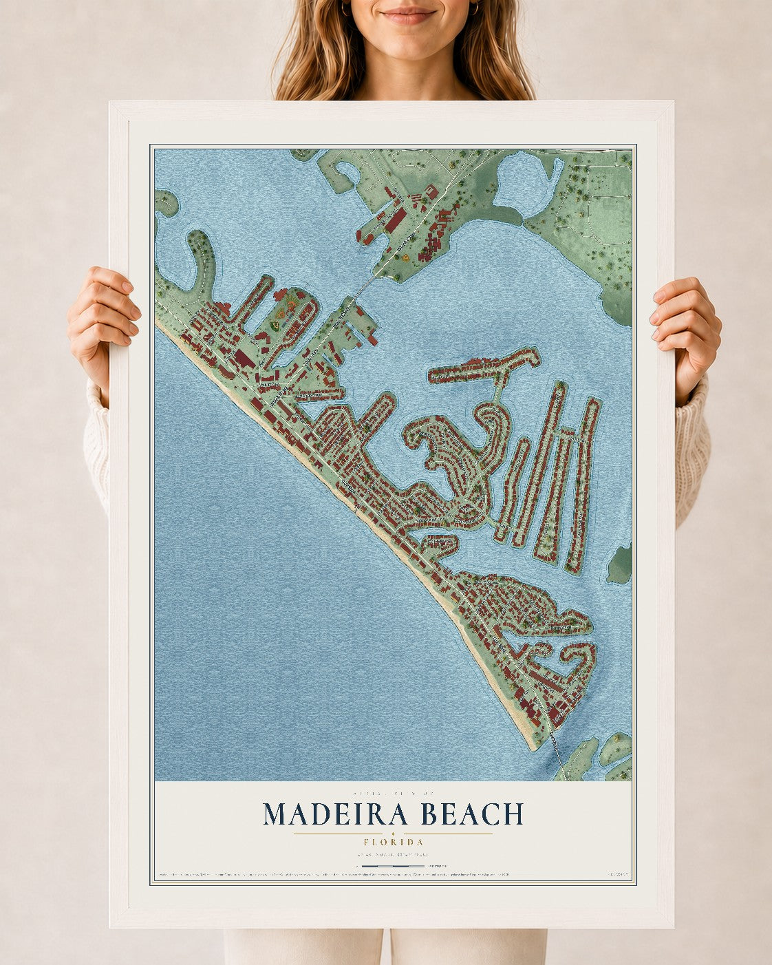 Madeira Beach, Florida map print, 24" x 36" W/ White Ayous Wood Frame mockup