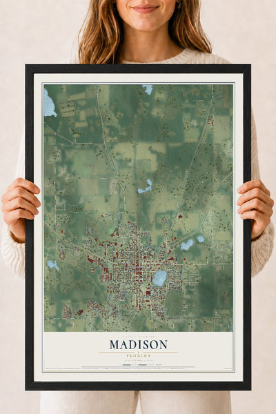Madison, Florida map print, 18" x 24" W/ Black Ayous Wood Frame mockup