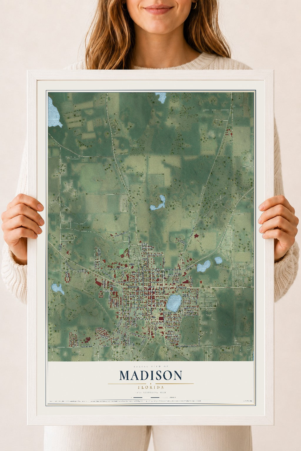 Madison, Florida map print, 18" x 24" W/ White Ayous Wood Frame mockup