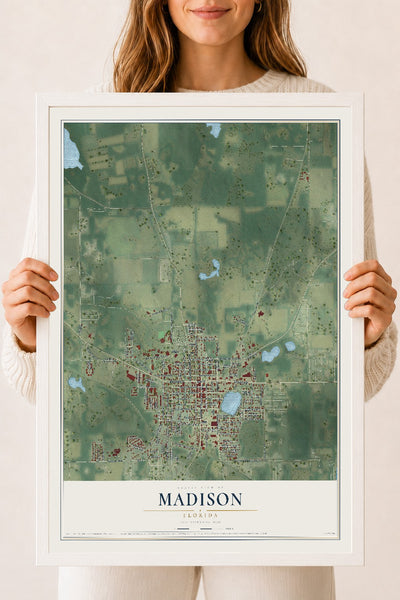 Madison, Florida map print, 18" x 24" W/ White Ayous Wood Frame mockup