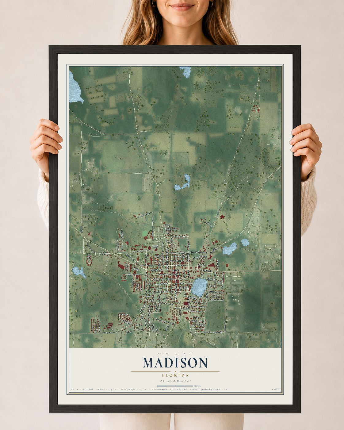 Madison, Florida map print, 24" x 36" W/ Black Ayous Wood Frame mockup