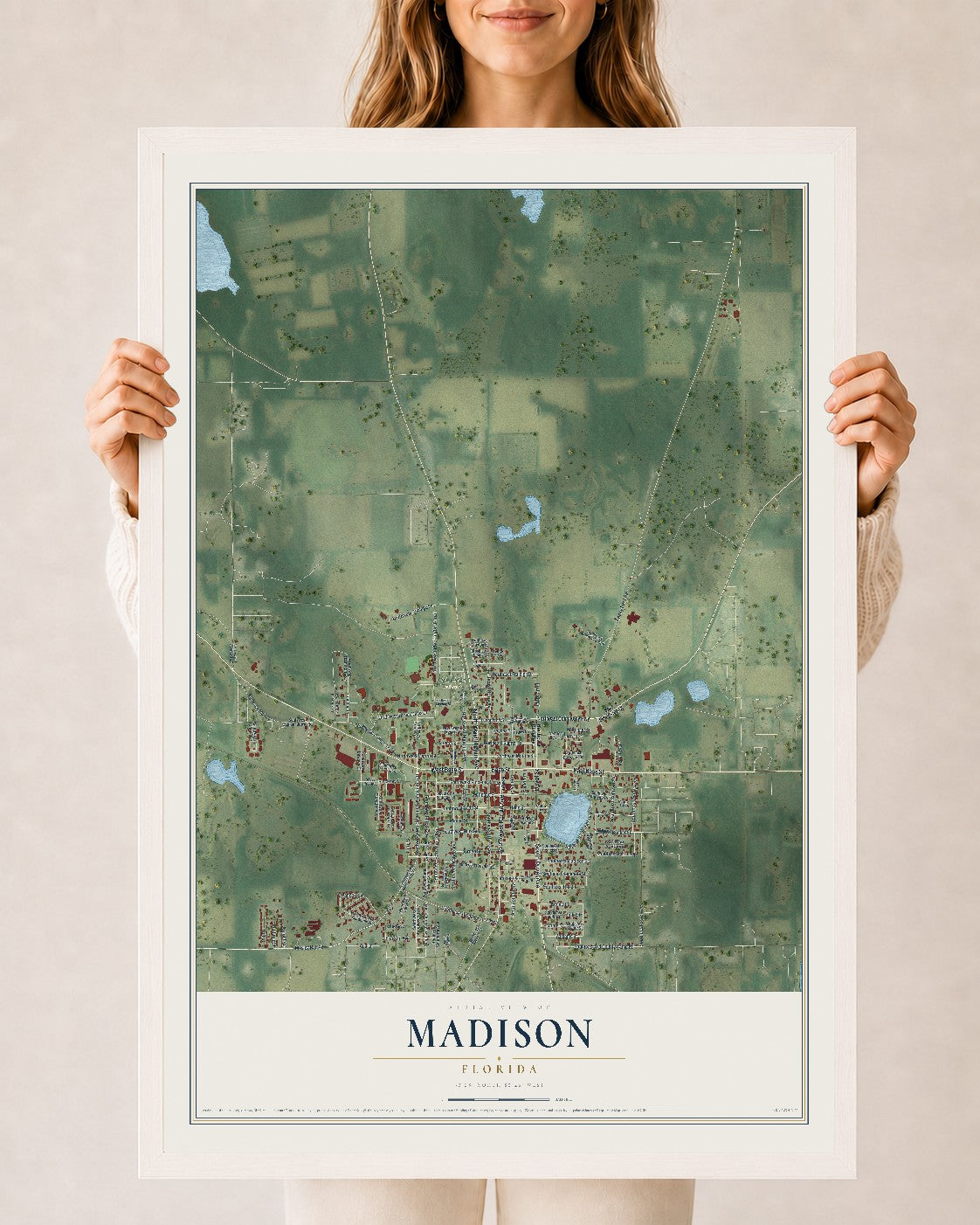 Madison, Florida map print, 24" x 36" W/ White Ayous Wood Frame mockup