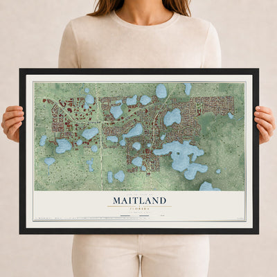 Maitland, Florida map print, 12" x 18" W/ Black Ayous Wood Frame mockup