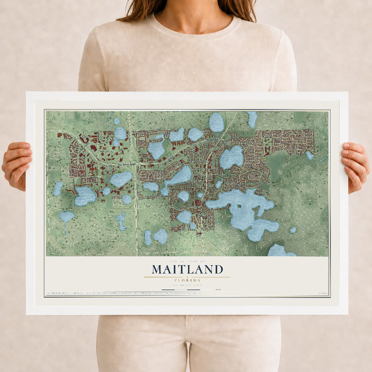 Maitland, Florida map print, 12" x 18" W/ White Ayous Wood Frame mockup