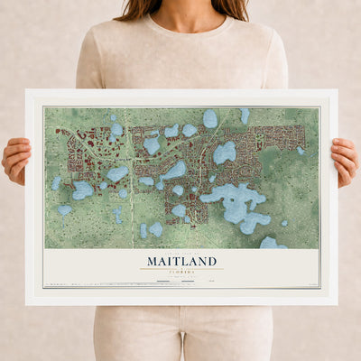 Maitland, Florida map print, 12" x 18" W/ White Ayous Wood Frame mockup