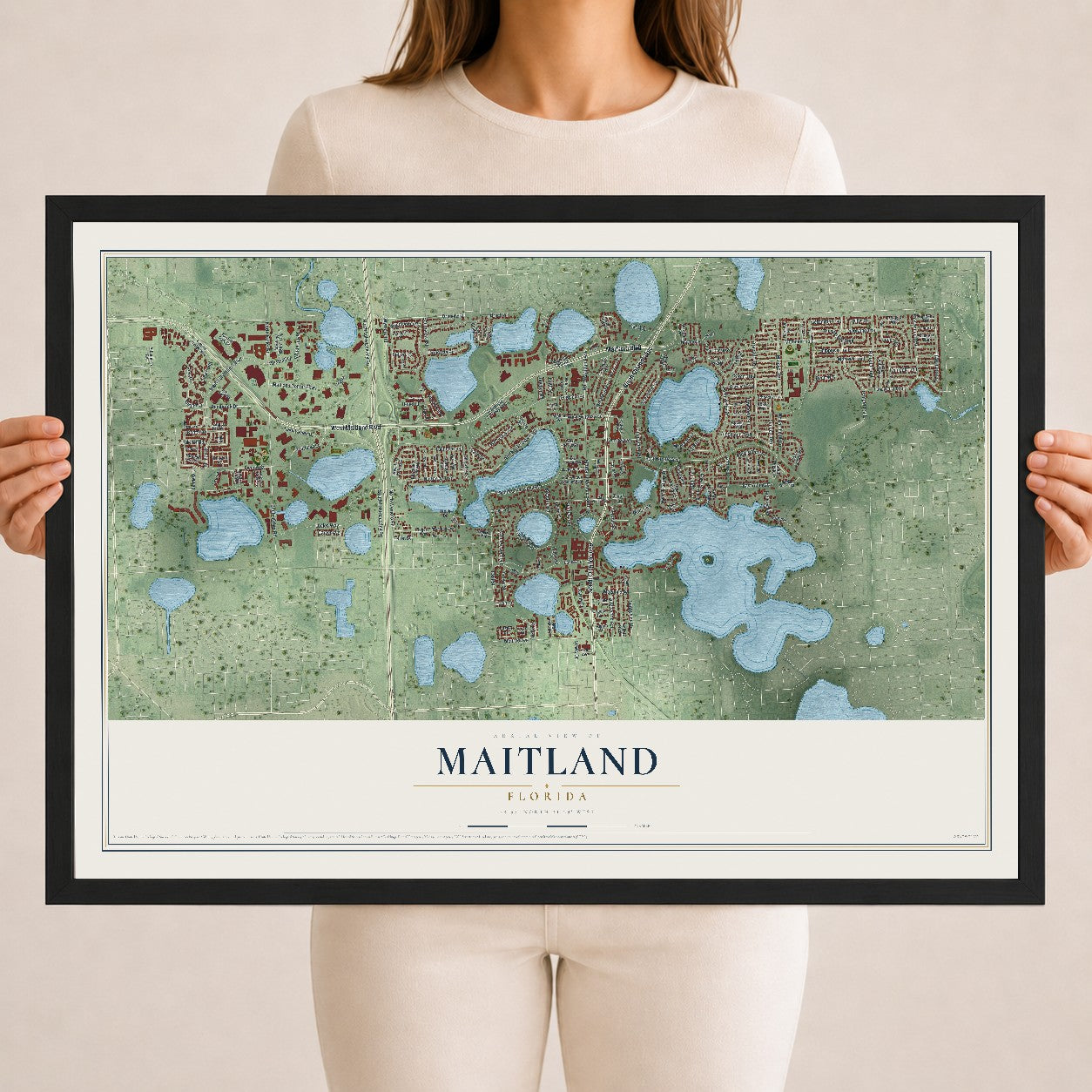 Maitland, Florida map print, 18" x 24" W/ Black Ayous Wood Frame mockup