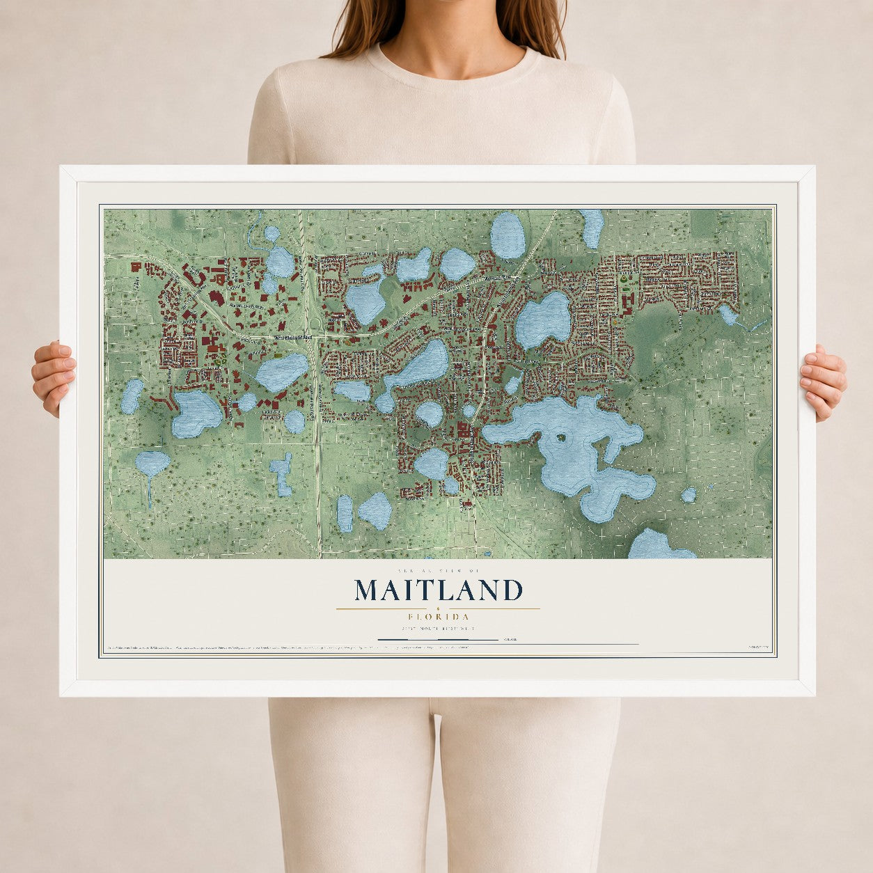 Maitland, Florida map print, 24" x 36" W/ White Ayous Wood Frame mockup