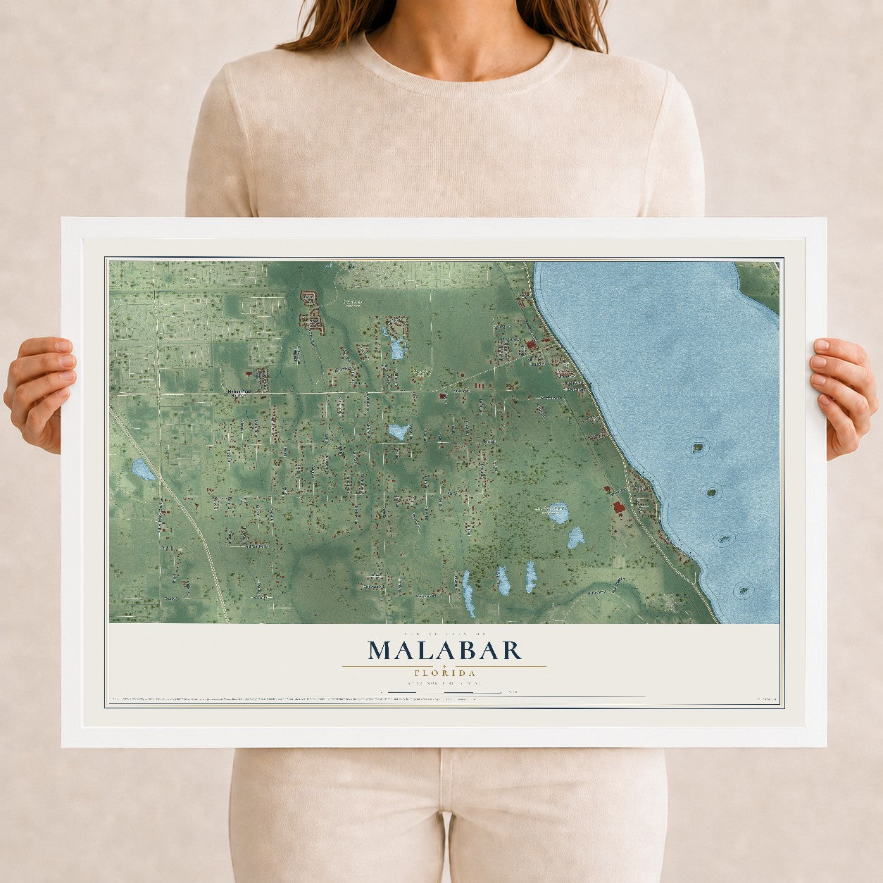 Malabar, Florida map print, 12" x 18" W/ White Ayous Wood Frame mockup