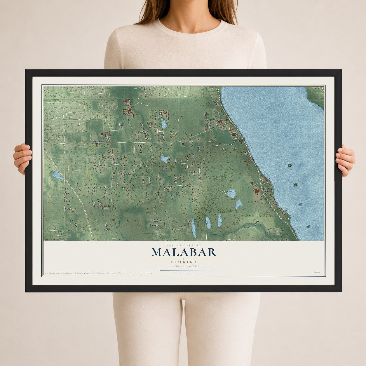Malabar, Florida map print, 24" x 36" W/ Black Ayous Wood Frame mockup