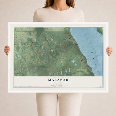 Malabar, Florida map print, 24" x 36" W/ White Ayous Wood Frame mockup