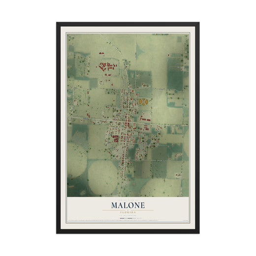 Map of Malone, Florida, 12 x 18 inch print in a black wood frame