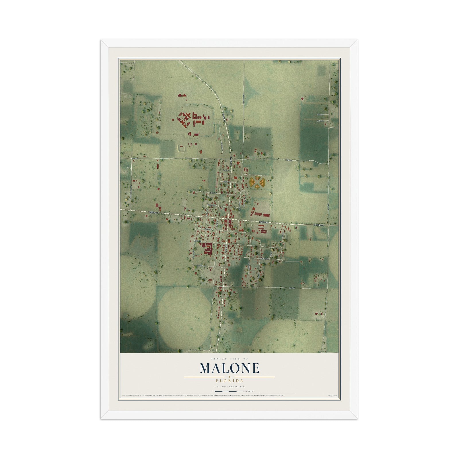 Malone, Florida map print, 12" x 18" W/ White Ayous Wood Frame mockup
