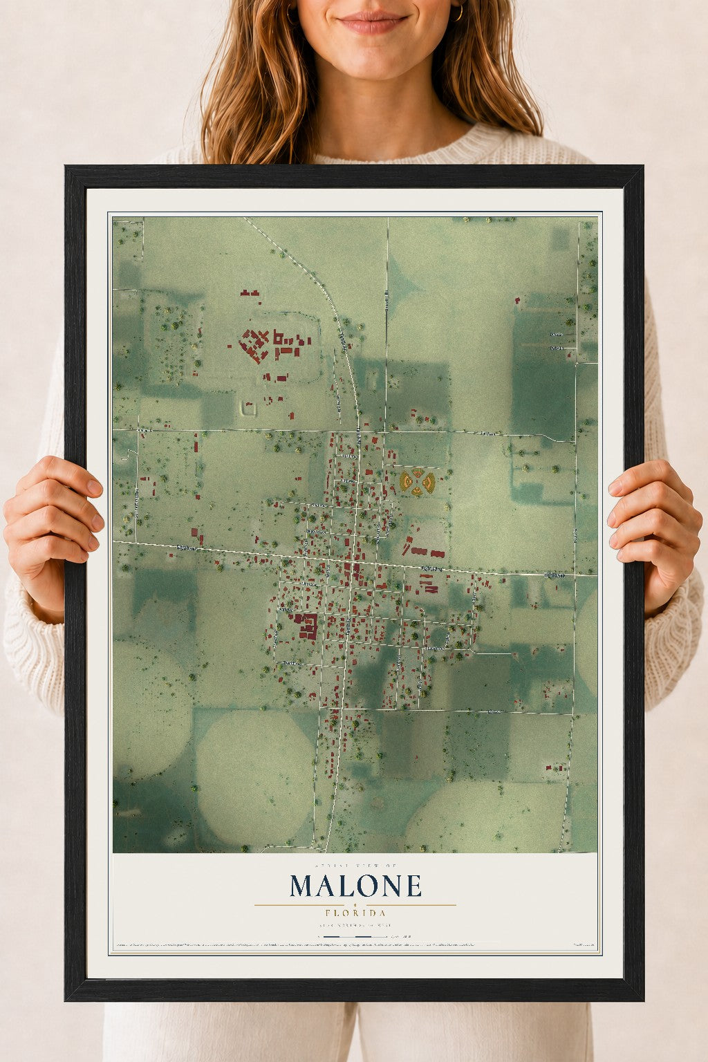 Malone, Florida map print, 18" x 24" W/ Black Ayous Wood Frame mockup