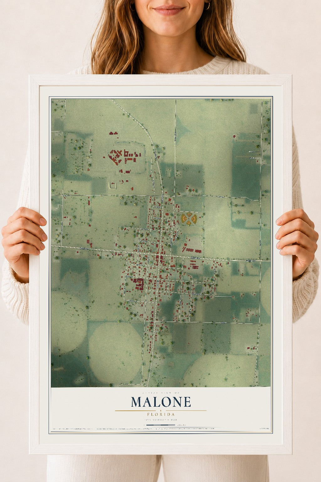 Malone, Florida map print, 18" x 24" W/ White Ayous Wood Frame mockup