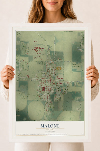 Malone, Florida map print, 18" x 24" W/ White Ayous Wood Frame mockup