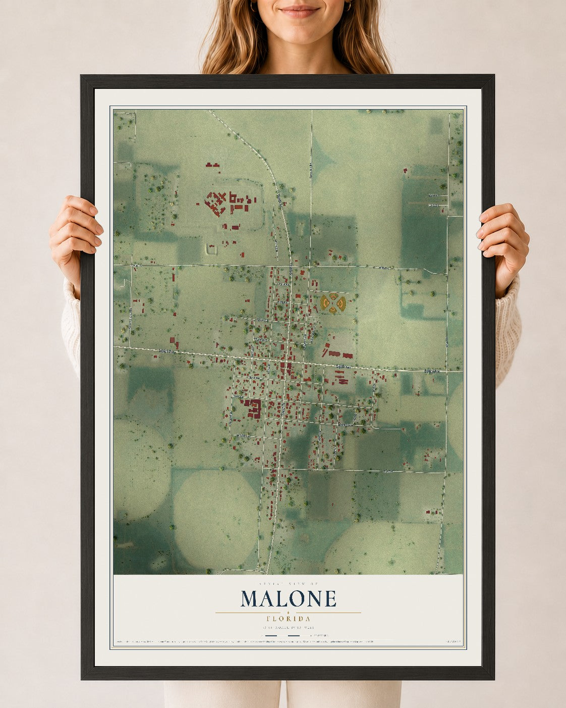 Malone, Florida map print, 24" x 36" W/ Black Ayous Wood Frame mockup