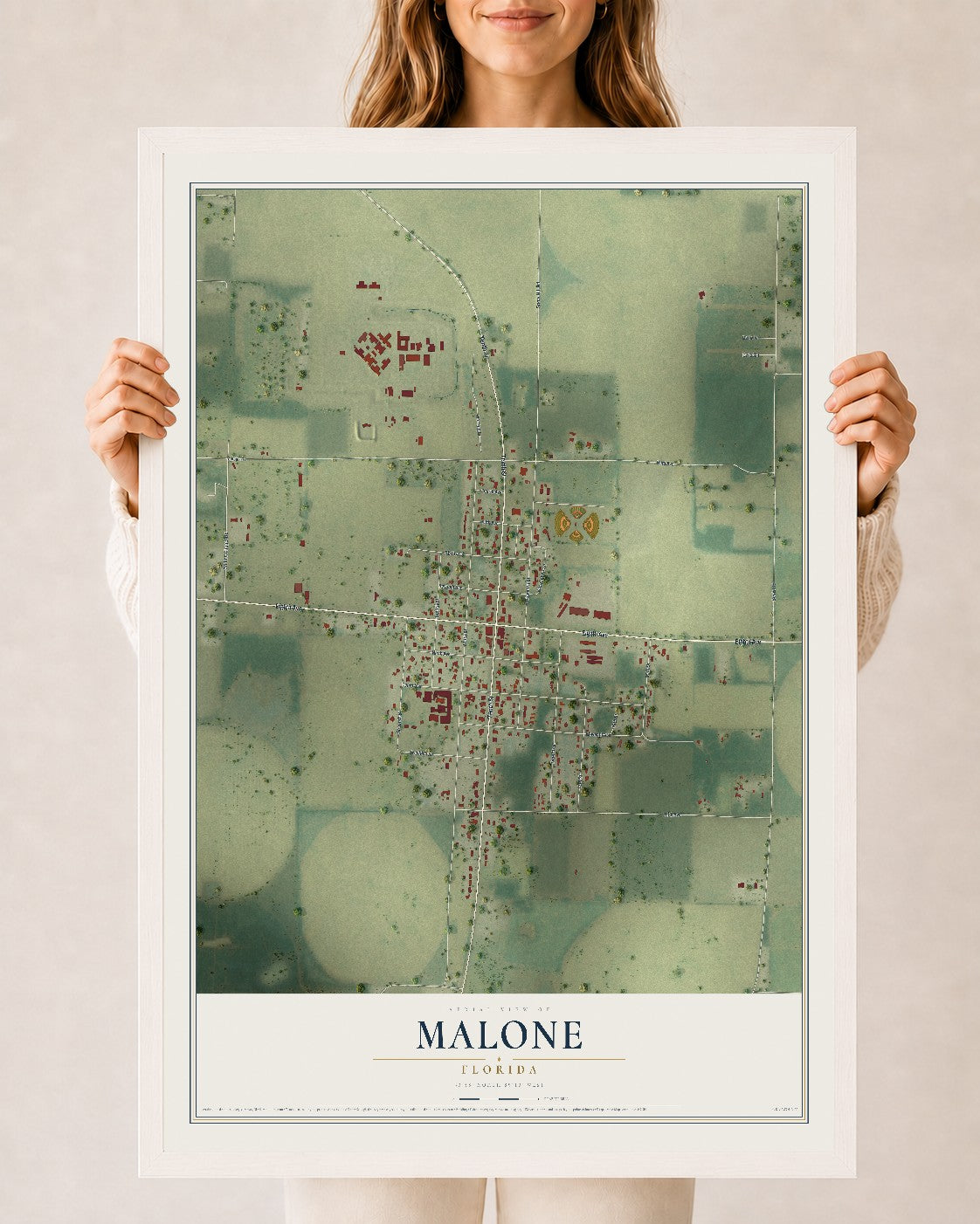 Malone, Florida map print, 24" x 36" W/ White Ayous Wood Frame mockup