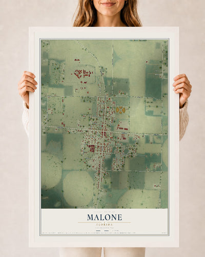 Malone, Florida map print, 24" x 36" W/ White Ayous Wood Frame mockup