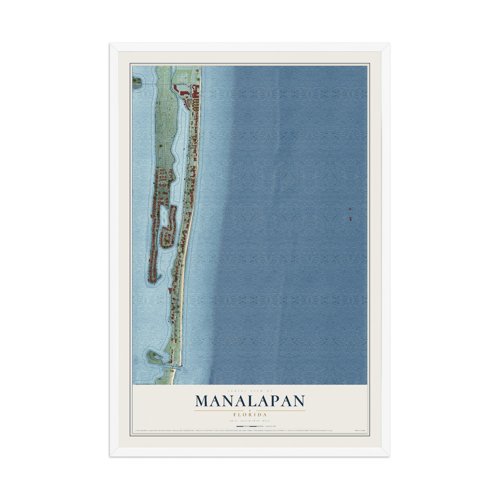 Manalapan, Florida map print, 12" x 18" W/ White Ayous Wood Frame mockup