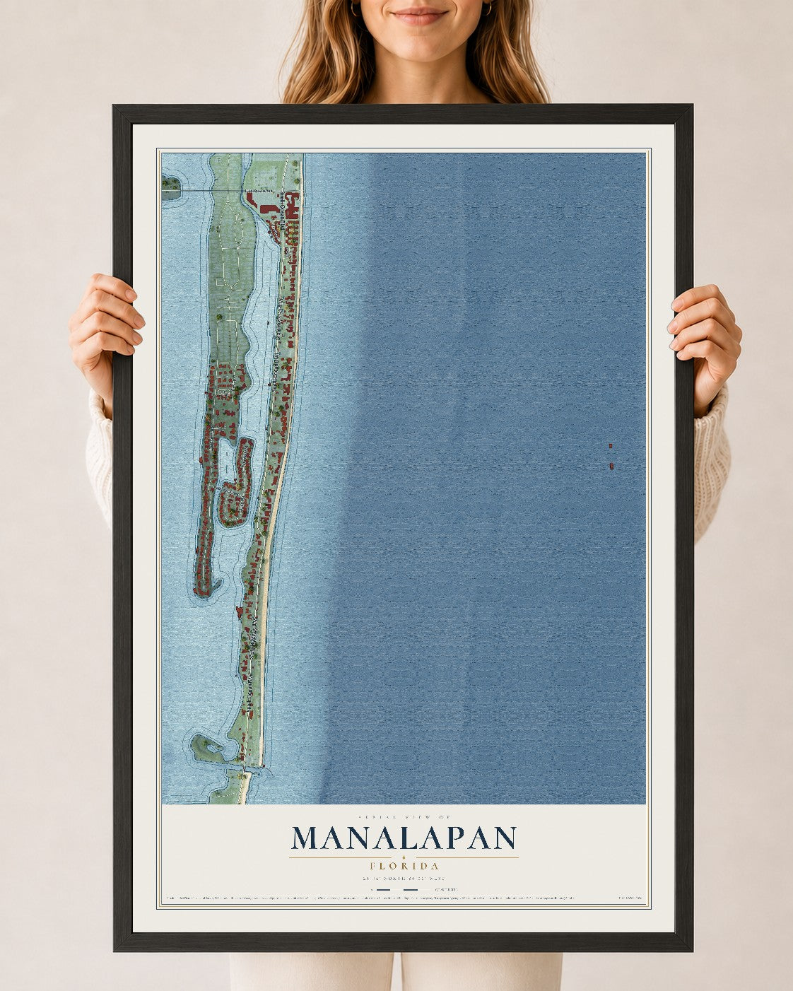 Manalapan, Florida map print, 24" x 36" W/ Black Ayous Wood Frame mockup