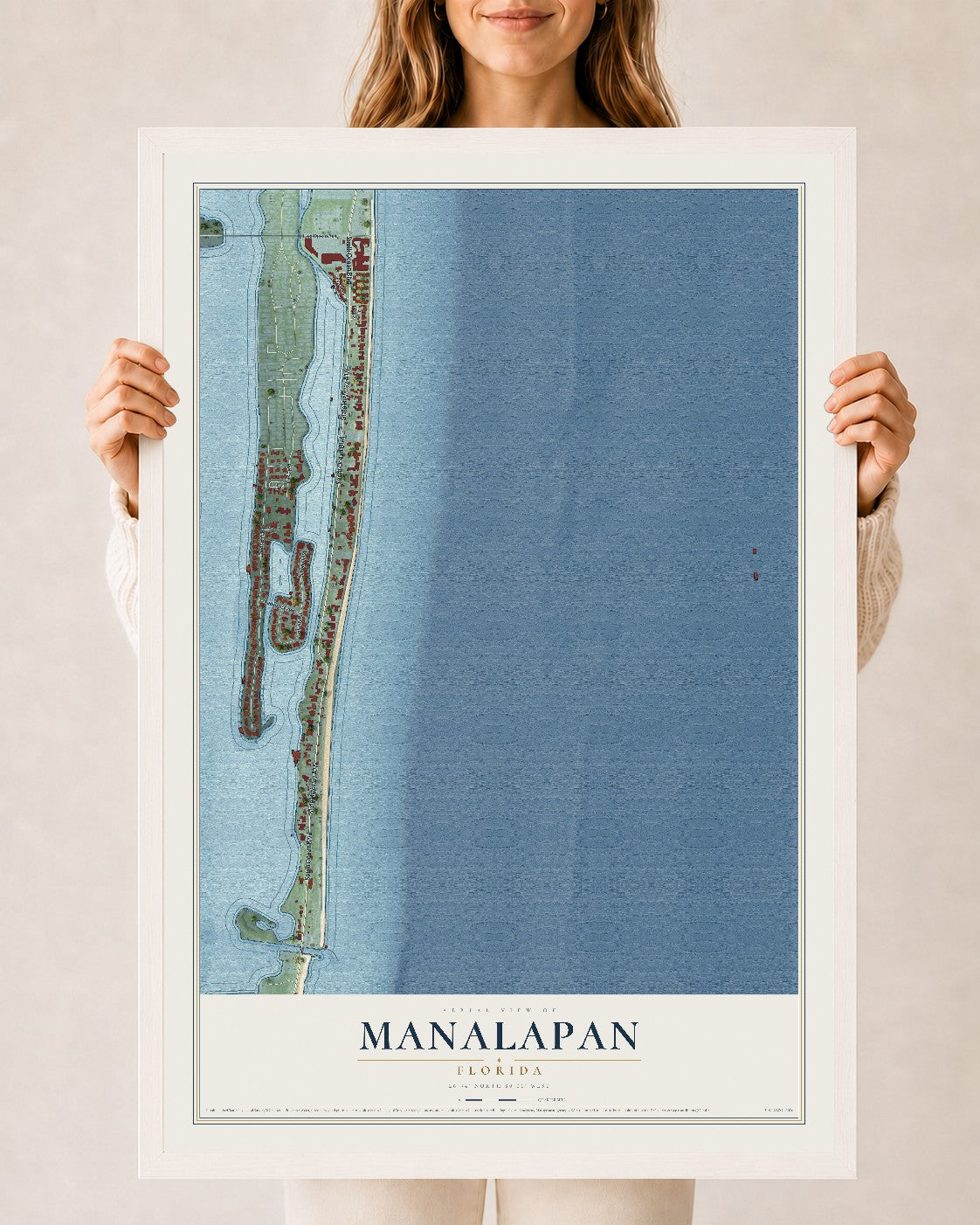 Manalapan, Florida map print, 24" x 36" W/ White Ayous Wood Frame mockup