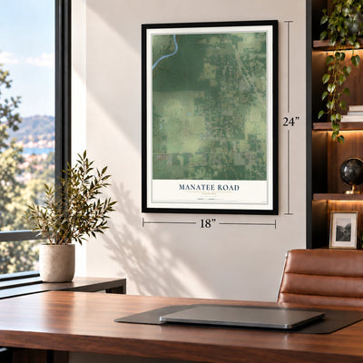 Manatee Road, Florida map, 18 x 24 inch print in a black frame in a home office