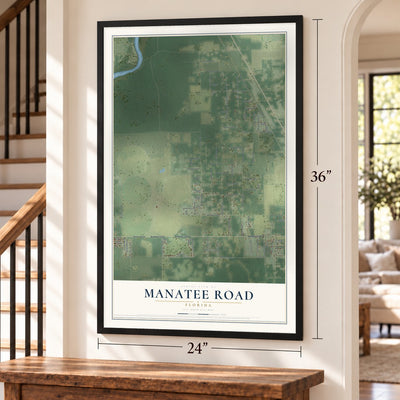 Manatee Road, Florida map, 24 x 36 inch print in a black frame by a staircase