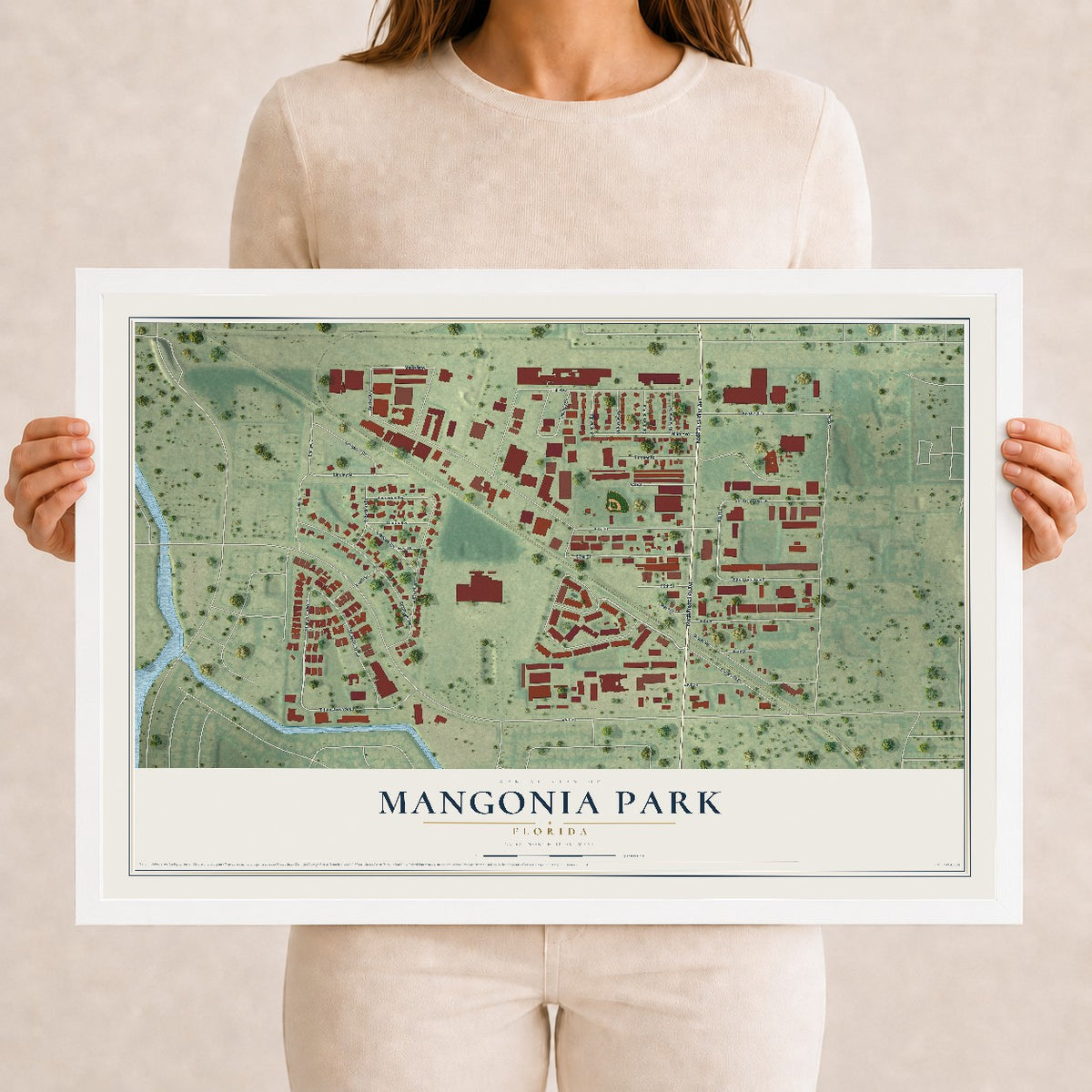 Mangonia Park, Florida map print, 12" x 18" W/ White Ayous Wood Frame mockup