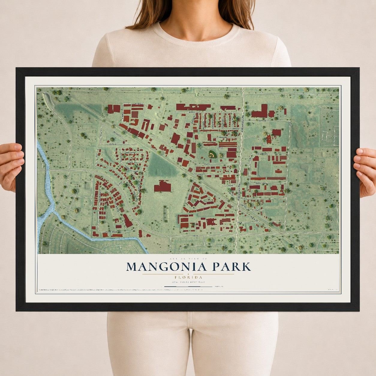 Mangonia Park, Florida map print, 18" x 24" W/ Black Ayous Wood Frame mockup