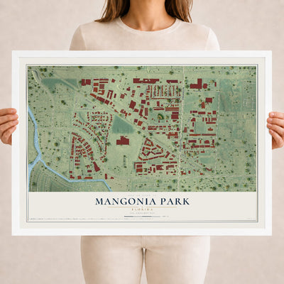 Mangonia Park, Florida map print, 18" x 24" W/ White Ayous Wood Frame mockup