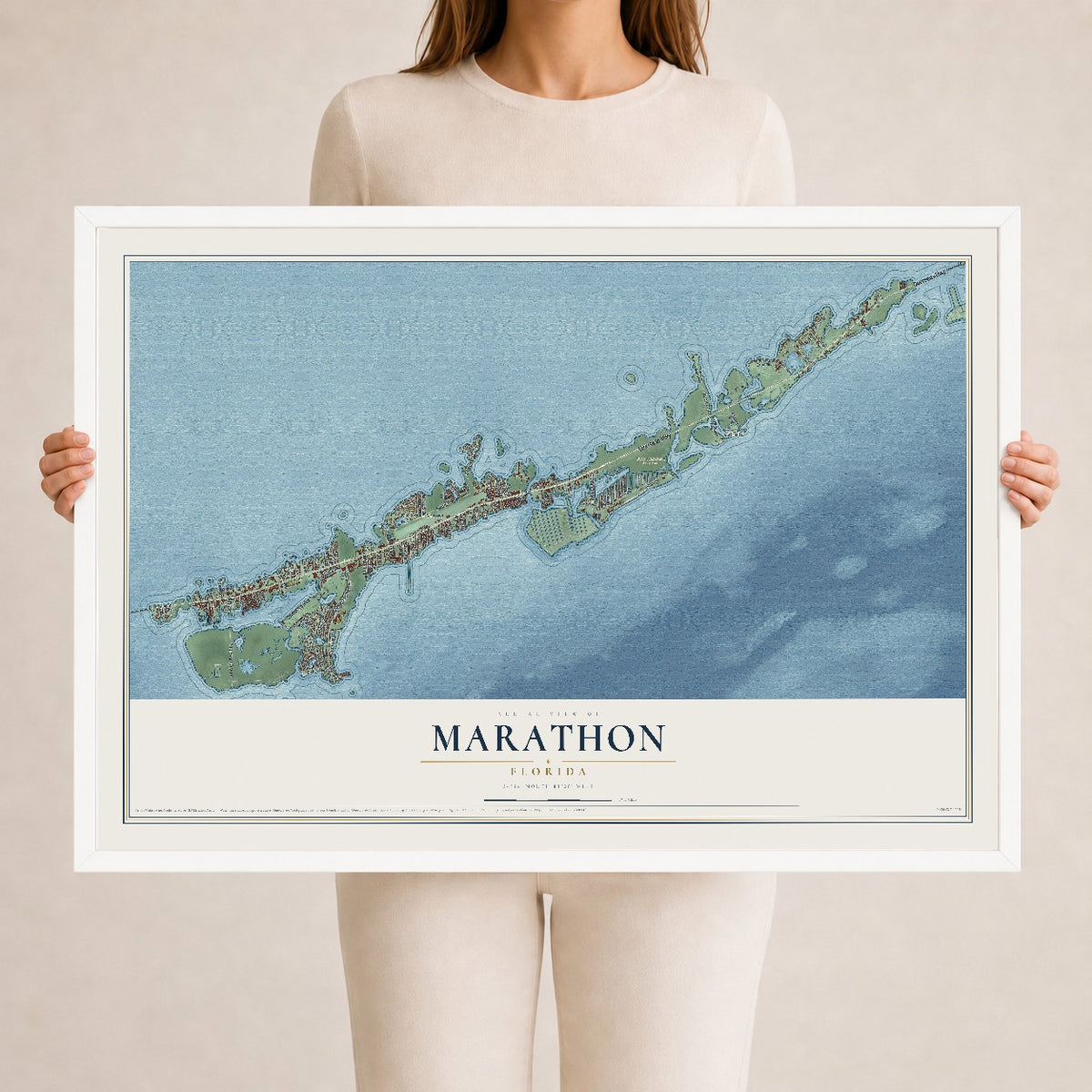 Marathon, Florida map print, 24" x 36" W/ White Ayous Wood Frame mockup
