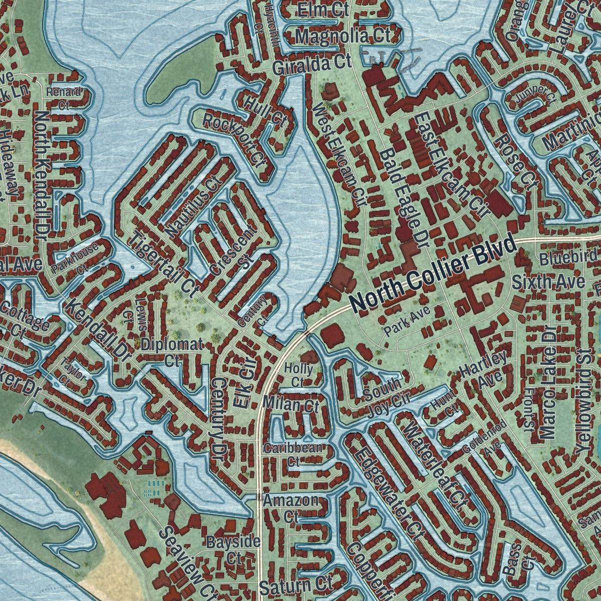 Close-up 1 of the Marco Island, Florida map artwork