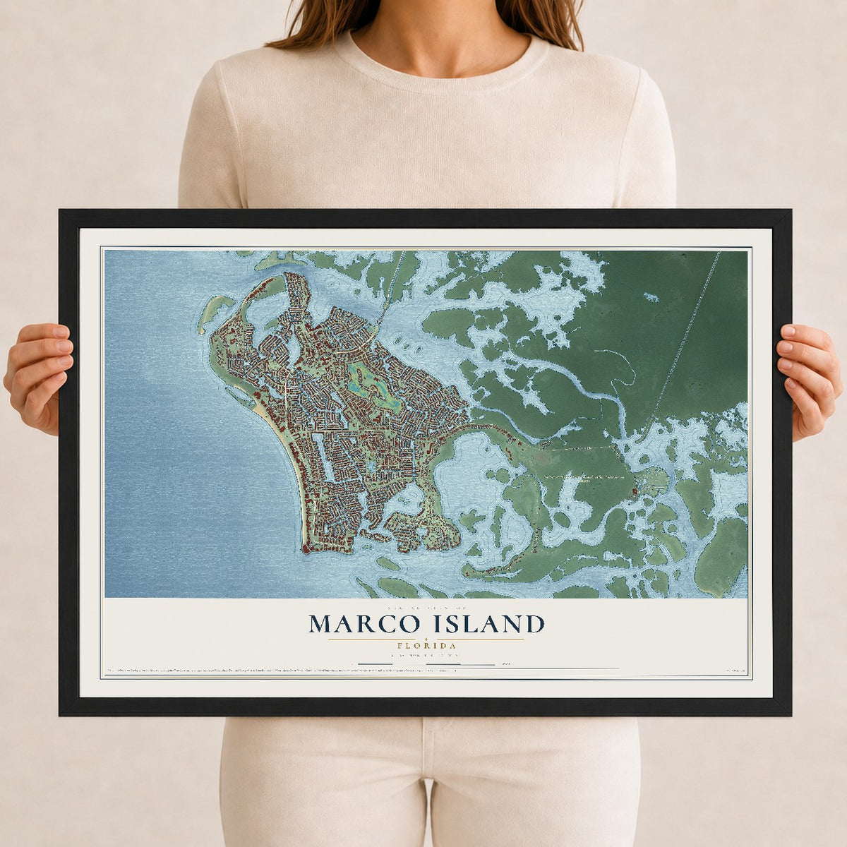 Marco Island, Florida map print, 12" x 18" W/ Black Ayous Wood Frame mockup