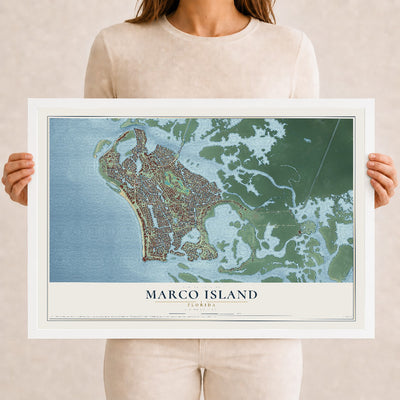 Marco Island, Florida map print, 12" x 18" W/ White Ayous Wood Frame mockup
