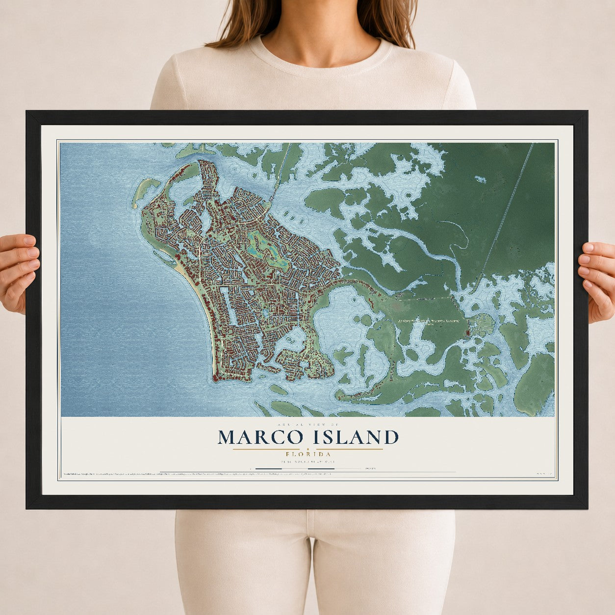 Marco Island, Florida map print, 18" x 24" W/ Black Ayous Wood Frame mockup