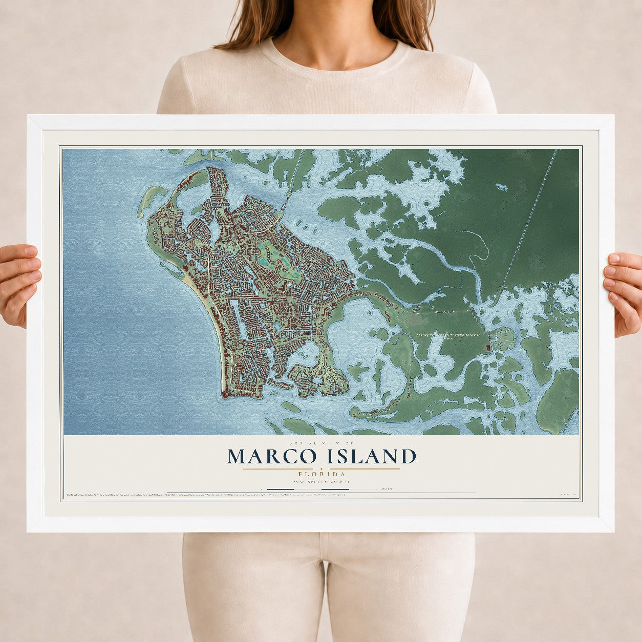 Marco Island, Florida map print, 18" x 24" W/ White Ayous Wood Frame mockup