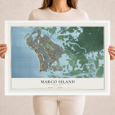 Marco Island, Florida map print, 18" x 24" W/ White Ayous Wood Frame mockup