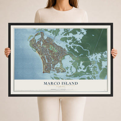 Marco Island, Florida map print, 24" x 36" W/ Black Ayous Wood Frame mockup