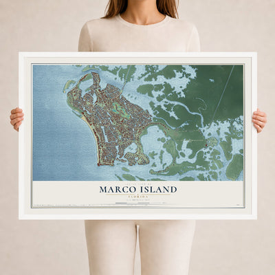 Marco Island, Florida map print, 24" x 36" W/ White Ayous Wood Frame mockup
