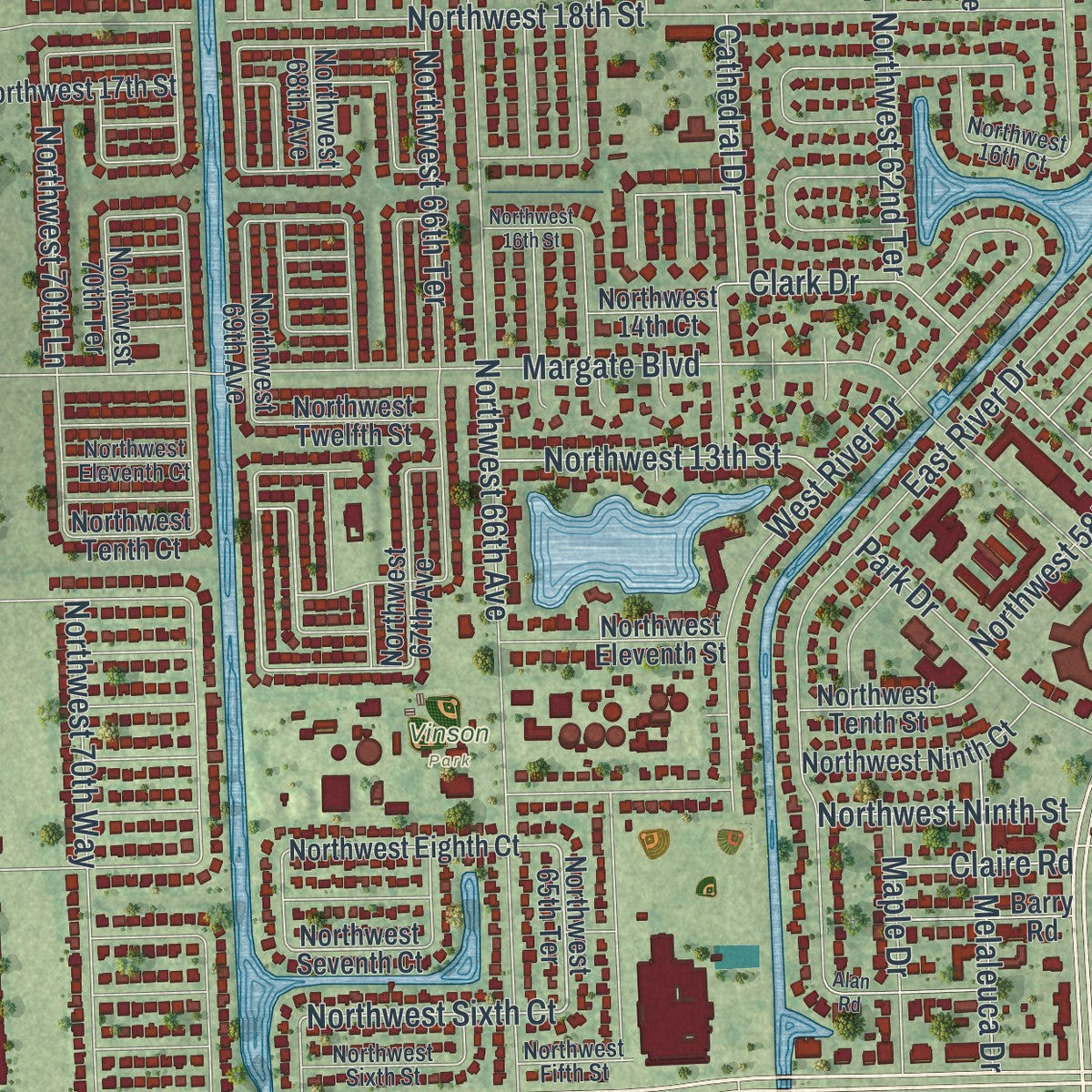Close-up 1 of the Margate, Florida map artwork
