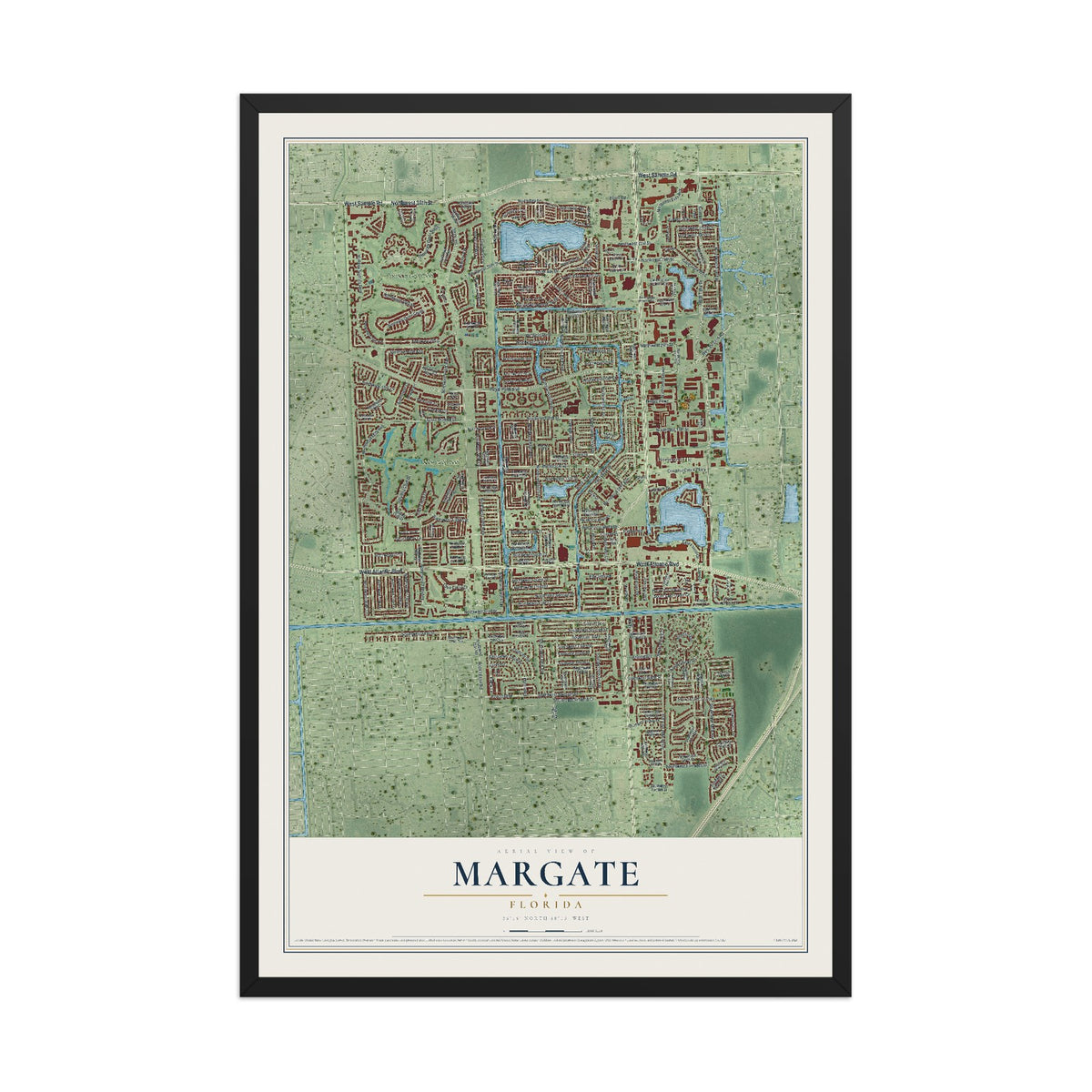 Margate, Florida map print, 12" x 18" W/ Black Ayous Wood Frame mockup